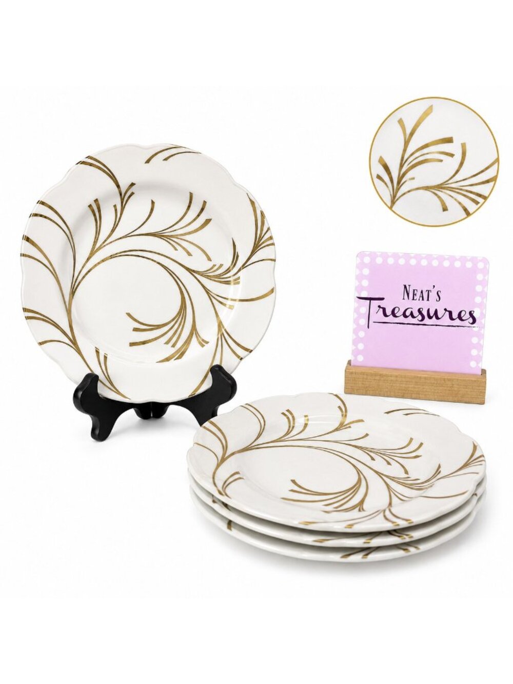 Spode COMLIMENT WHISPER England Gold Swirled Bone China Lunch Plates Set 4 NEW